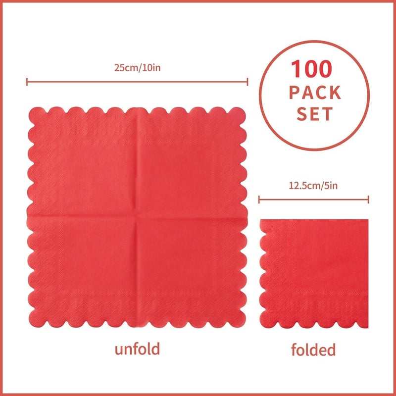 BEFORYOU 100 Pack Cocktail Napkin 2-Ply Scalloped Edged Dessert Napkins Folded 5 x 5 Inches Disposable Napkins for Dinner Wedding Birthday Party Bridal Anniversary Reception Event (Red) - Image 2